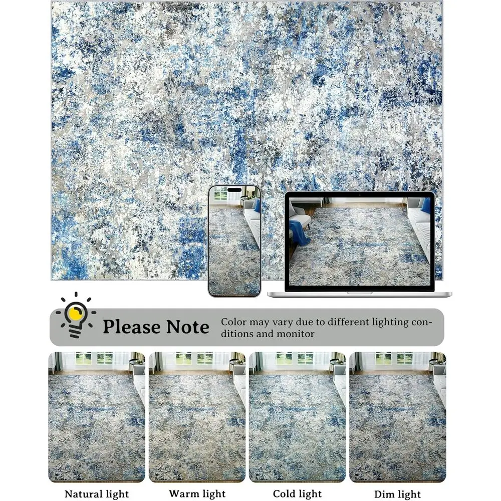Modern Neutral 9x12 Area Rug - Soft, Non-Slip, Low Pile for Living/Bedroom, Home Office, Grey/Blue