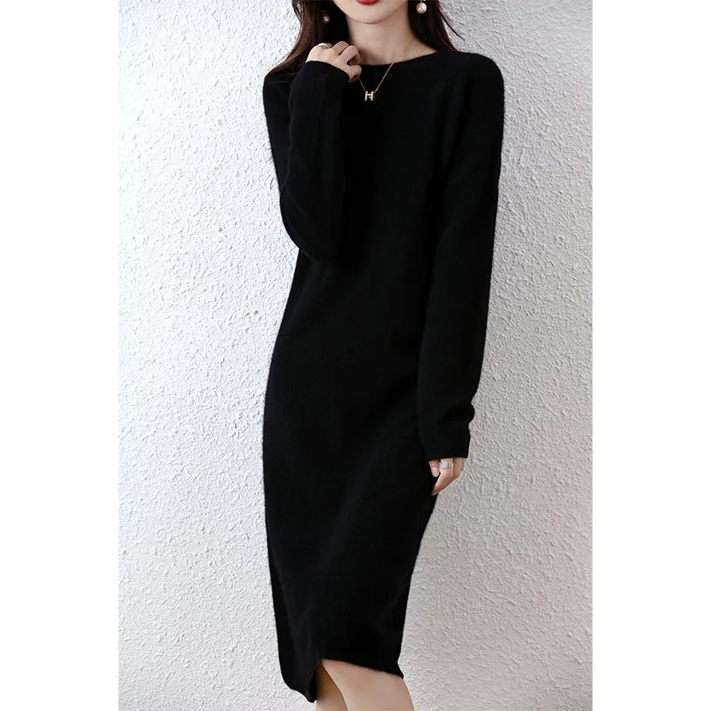 2022 Autumn Winter New Women Fashion Dress 100% Wool Warm Sweater Dress Long Sleeve Knitted Pullover Female Casual Dresses