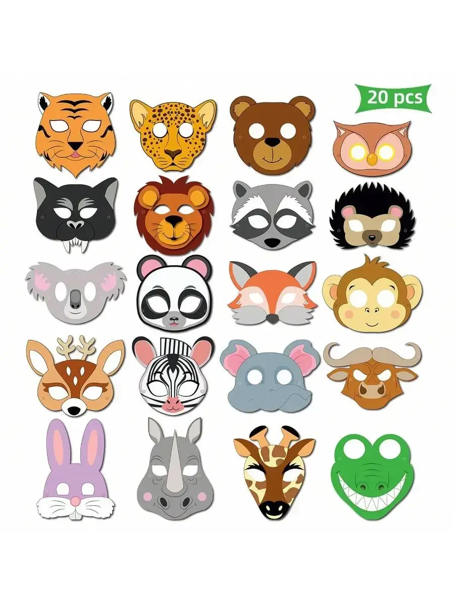 

20 Pcs Animal Face Masks For Adult Party Costume Dress Up Jungle Theme