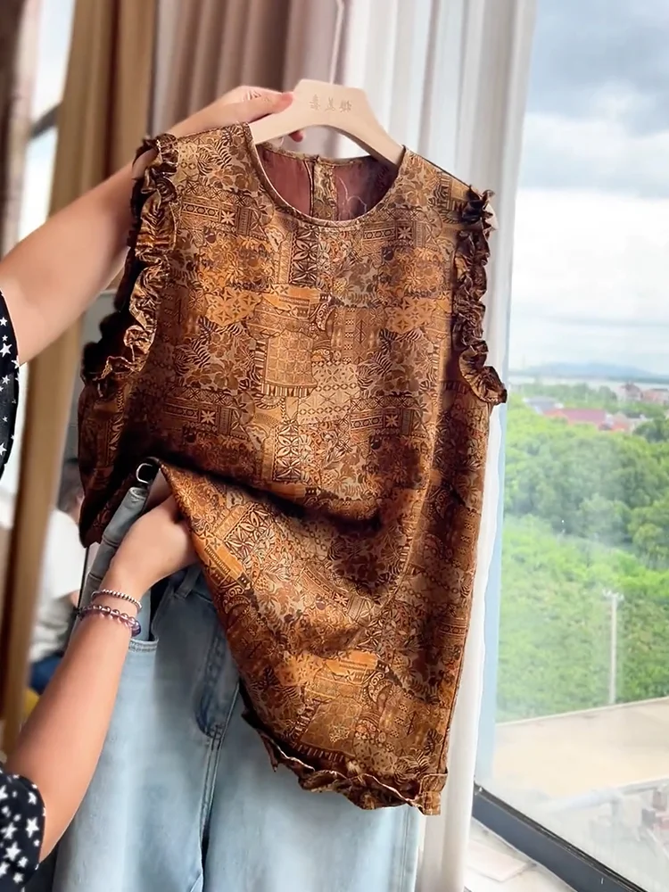 

Новый китайский топ с рюшами и воротником с принтом, утягивающий топ, модное летнее новое поступление, большие размеры, Ele Aosphere Small irt