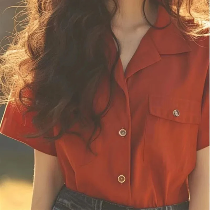 Summer New Temperament Red All-match Youth Blouse Polo Neck Short Sleeve Solid Sweet Shirt Tops Fashion Casual Women Clothing