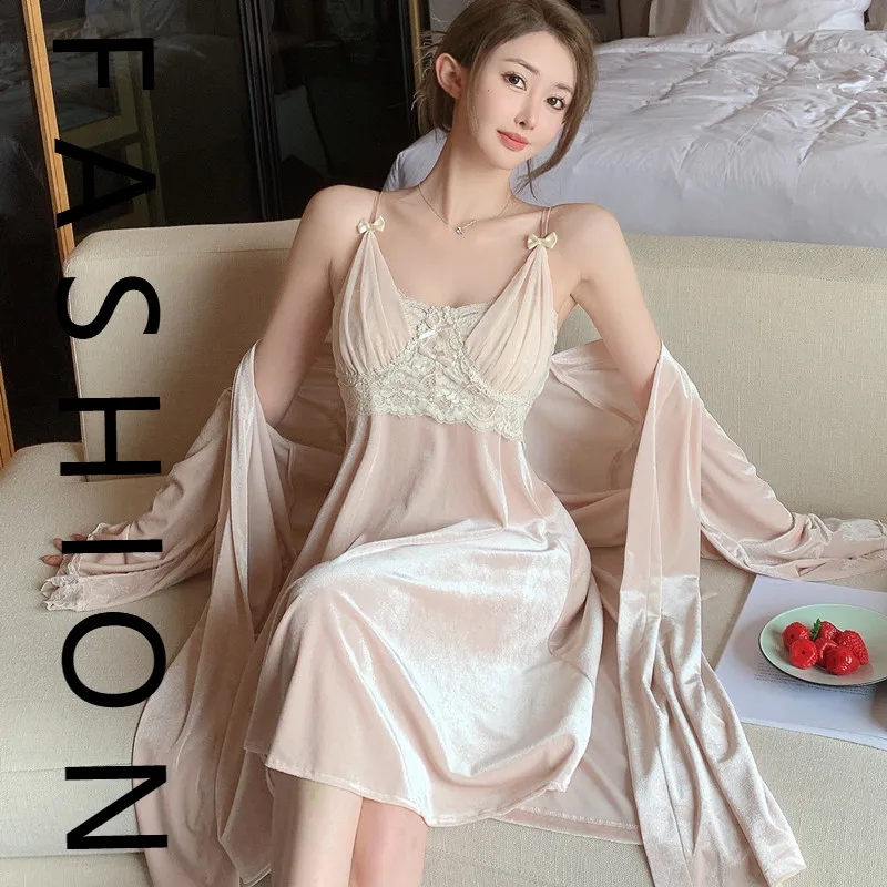 

French golden velvet pajamas women's suspender nightgown two-piece set autumn and winter sexy lace nightdress with chest pad lou