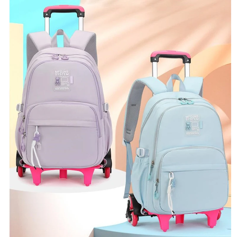 

Solid Color Girls Rolling Backpack with Wheels Schoolbag Elementary School Student Trolley Daypack Cartables Scolaires Filles