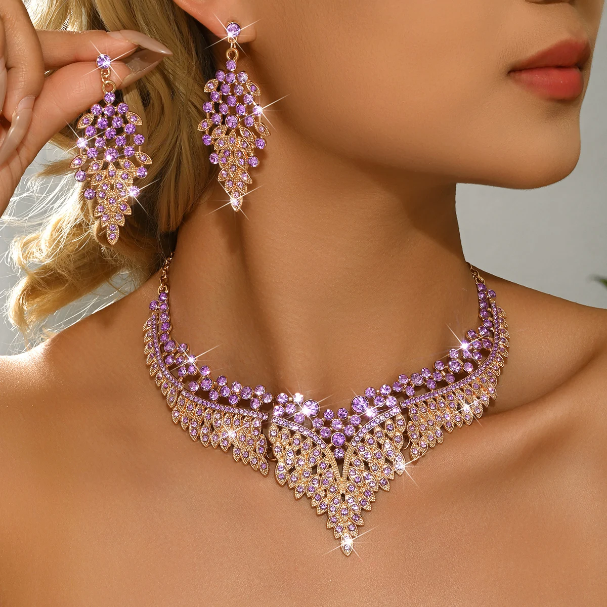 Damen Mehrfarbiges Diamant-Extravagantes Halsketten- und Ohrring-Set (2-teilig) für Bankett, Ball und Partykleid mit Accessoires – Detail 12