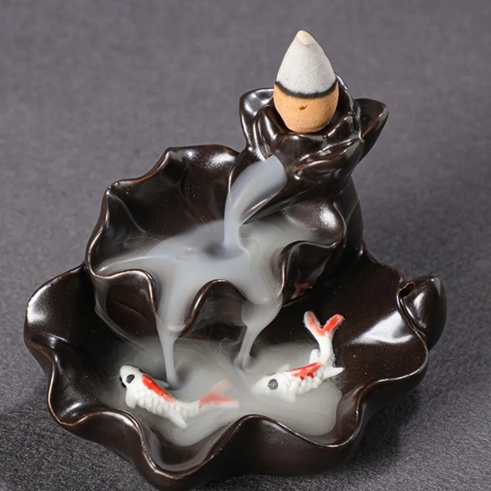 Mini Backflow Stick Incense Burner Lucky Fish Decorative Ceramic Censer Lotus Shape Incense Stick Holder Yoga Space