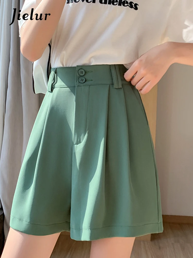 Jielur Loose Solid Color Knee Length Suit Pants Simple Streetwear Summer Fashion Green Women's Wide Leg Pants Casual Office Lady