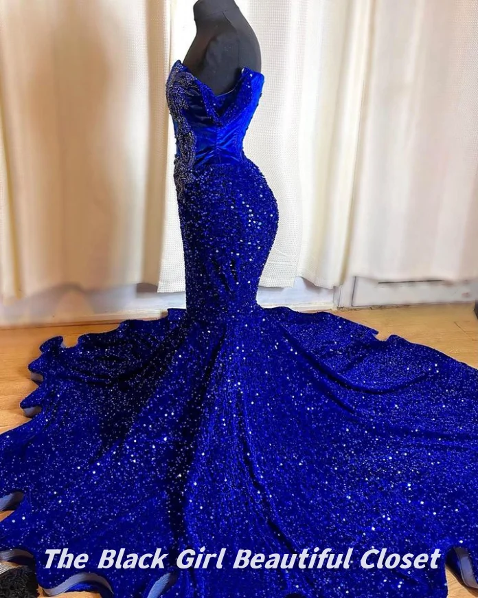 Dark Blue High Luxury Evening Gowns 2024 Card Shoulder Applique Beaded Decoration Mermaid Gowns African Girls Sheath Dresses