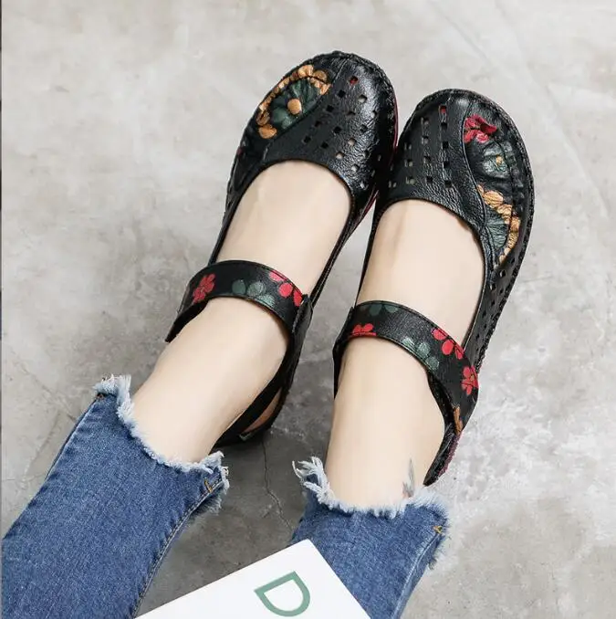 

Women's Ethnic Style Flat Bottom Oxfords Leather Shoes Color Matching Bottom Elderly Mother Comfortable Footwear