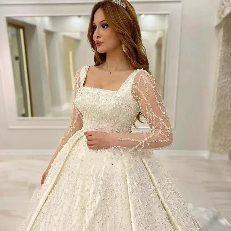 

Arabic Dubai Wedding Dress Square Collar Full Sleeve Embroidered Lace Beading Princess Birde Bridal Gowns Vestido De Novia