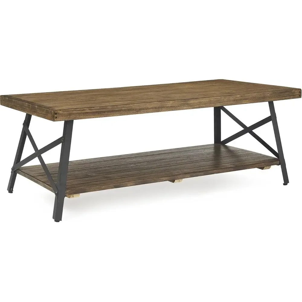 

Rustic 2-Tier Solid Wood & Metal Cocktail Table with Storage, 48 Inch, Walnut Brown