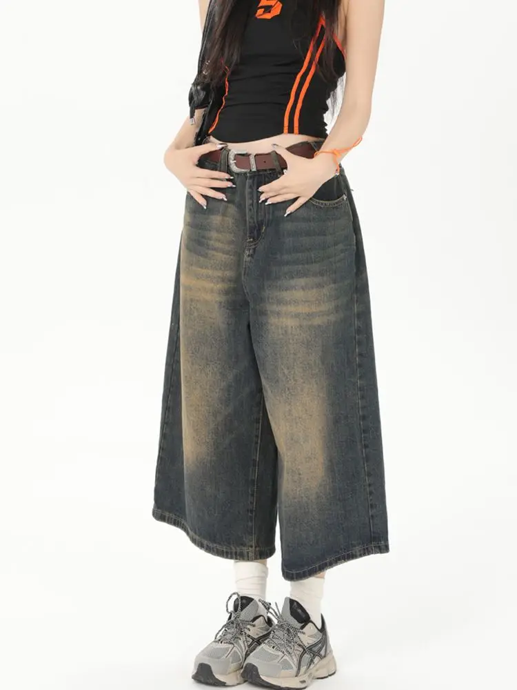 شورت جينز ريترو سبع المحاصيل للنساء يغسل الفتيات اليابانية الساخنة عالية الخصر مستقيم واسعة الساق السراويل