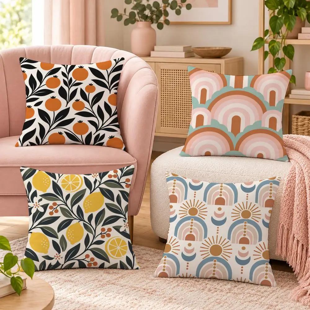 Retro Botanical Sunset Decor Cushion Cover Pillow Case Organic Short Plush Cushion Covers Washable Wrinkle-Resistant