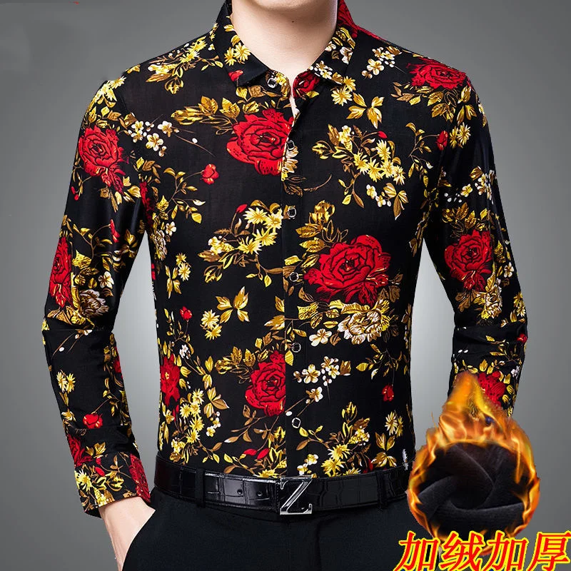 Printed Fashionable Plush and Thickened Winter Men\'s Lapel Long Sleeved Floral Shirt Casual Loose Fitting Warm Versatile Top