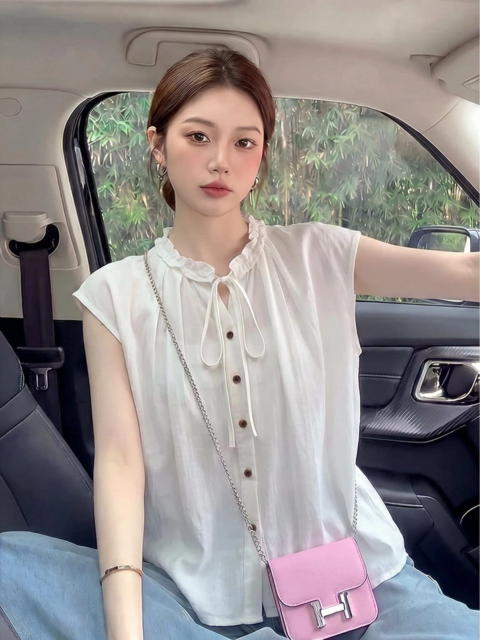 

Stylish Wooden Short Sleeve Shirt Women's Fashion Shoulder Length Beautiful Top Korean Style Casual Commute Wind Loose Fit