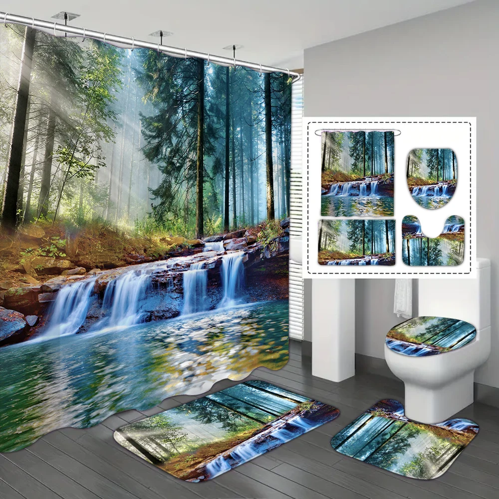 1 set of waterfall river natural scenery printed shower curtains, with 12 hooks and bathroom floor mats