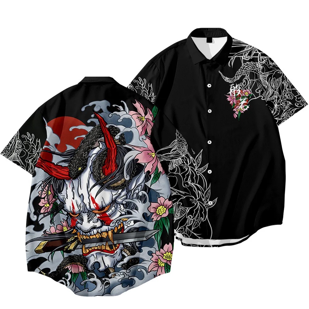 Japanese Style Demon Print Shirt 2021 Men Hawaiian Shirt Fashion Summer Short Sleeve Harajuku Anime Shirt Men Oversized Clothing