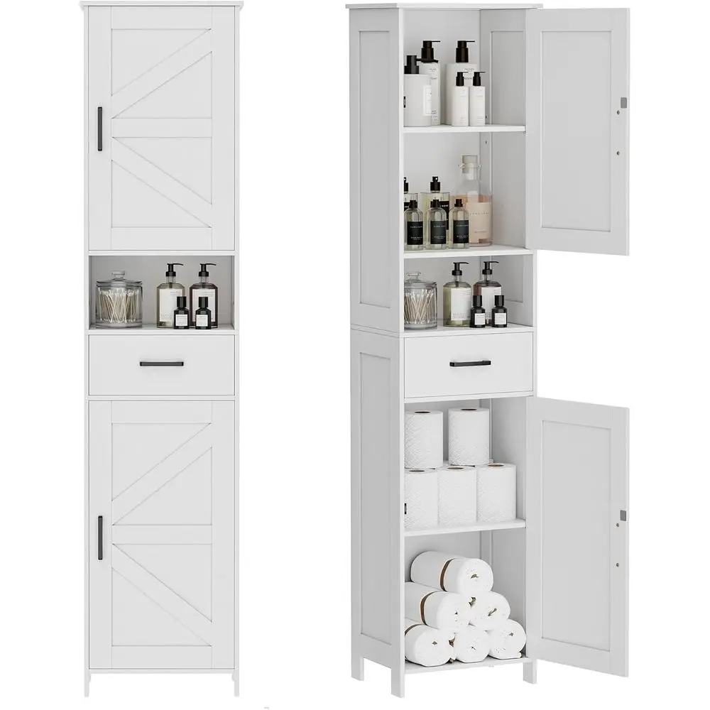 H Tall Bathroom Storage Cabinet with 2 Barn Doors and 1 Drawer, Narrow Storage Unit, Adjustable Shelves, Floor Cabinet for Bathr