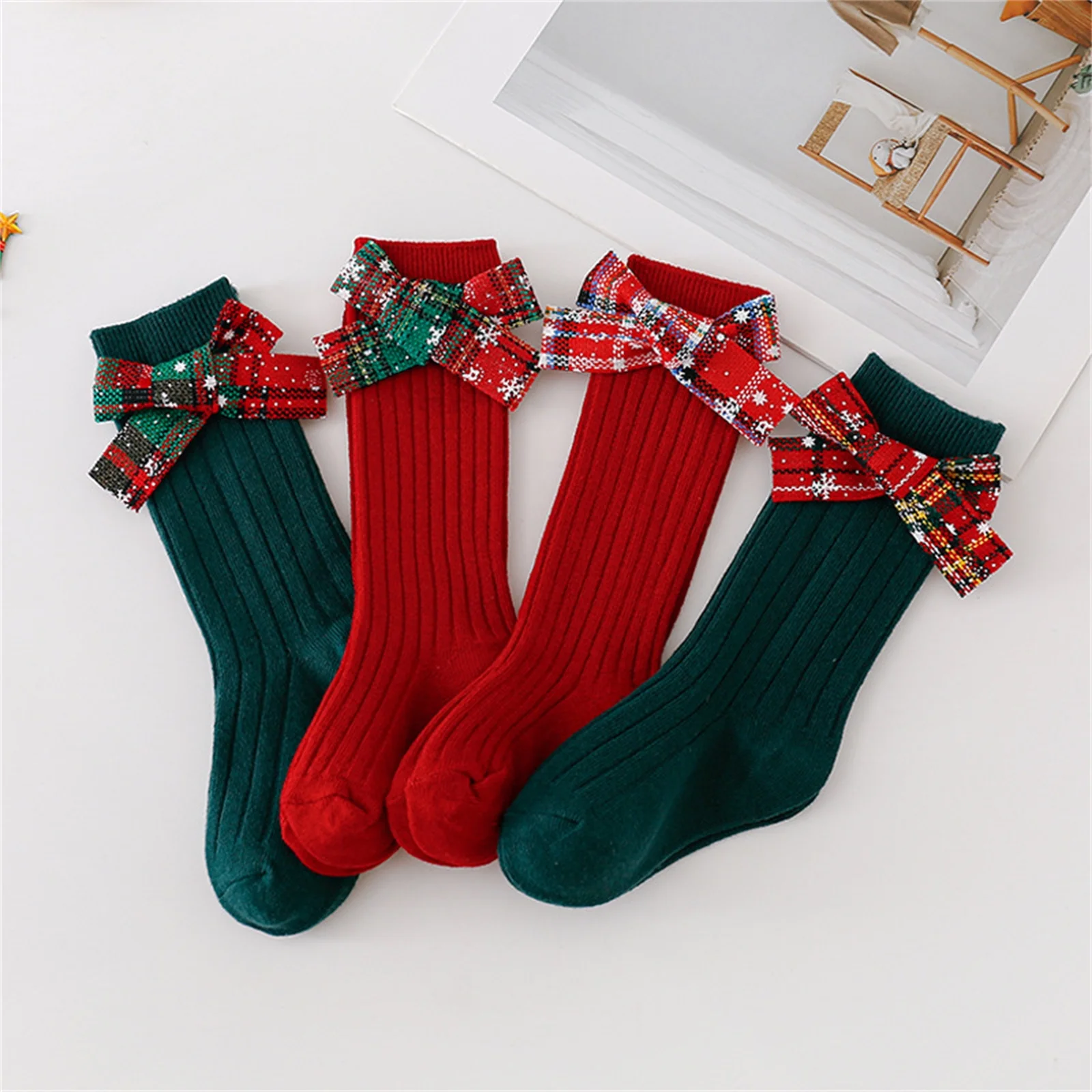 BeQeuewll Christmas Kids Girls Socks Ribbed Knee High Tube Socks Cute Bowknot Breathable Walking Socks Toddler Floor Socks