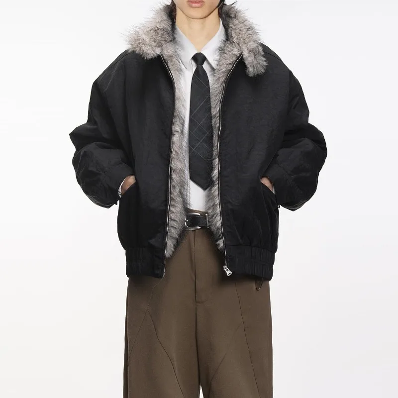 

Retro High Street Stand Collar Retro Winter Men's Cotton Jackets New Imitation Mink Fur Unisex Parkas Fleece Warm Zipper Outwear