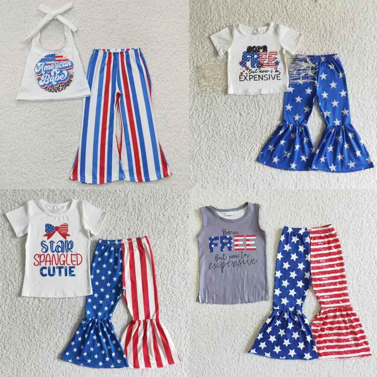 Wholesale Toddler July 4th Red Blue Striped Star Outfit Baby Girl Shirt Tops Bell Pants Children Kid Summer Independence Day Set