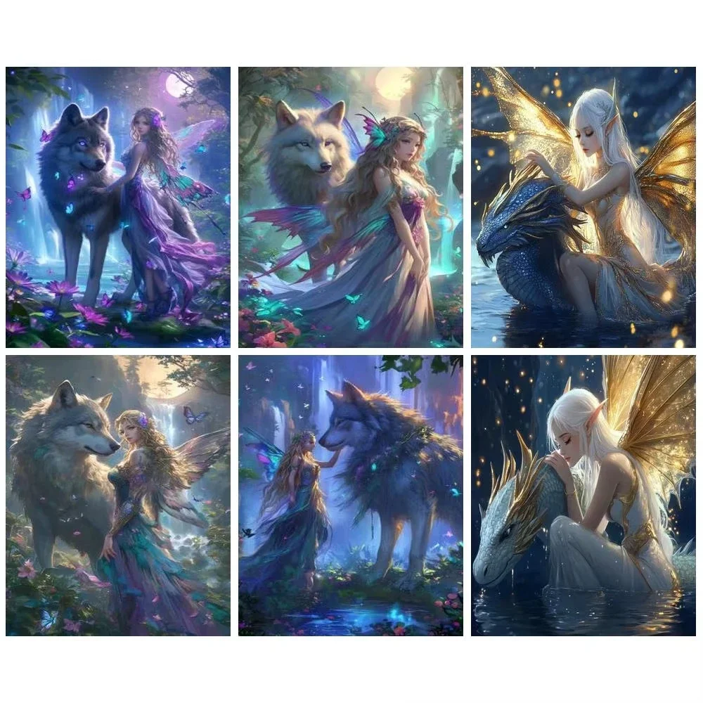 diy-ファンタジー妖精と狼のジグソーパズル、魅惑の森の白い狼と魔法のエルフ、家の装飾のための奇抜なアート作品
