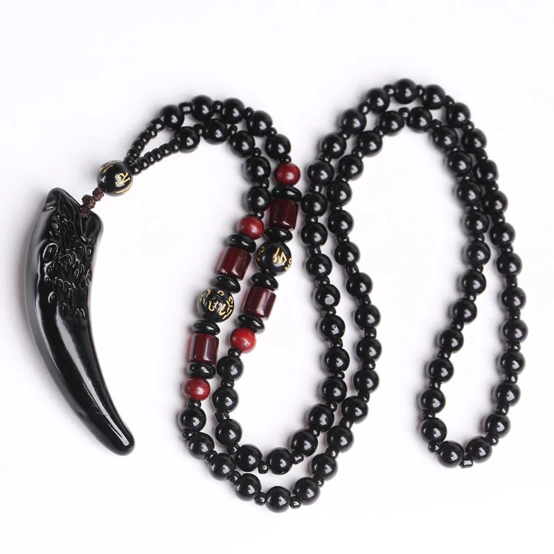 wolf obsidian necklace  Wolf Tooth Pendant for Men Couple Necklace Natural Energy Stone Crystal Amulet Sweater Chain Necklace Je