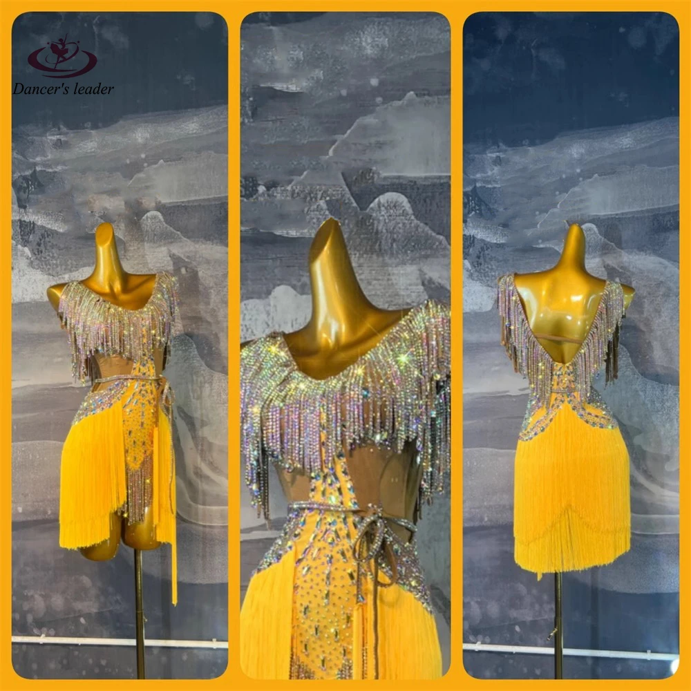 

Latin Dance Competition Women's High-end Custom Spliced Color Orange Tassel Tango Samba Performance Rhinestone Dress