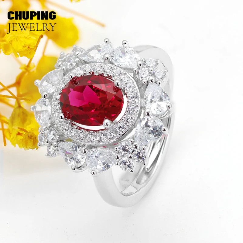 

ChuPing Fine Jewelry Lab Grown Рубиновое кольцо овальной формы из стерлингового серебра S925 для классической вечеринки или ее подарка на день Святого Валентина