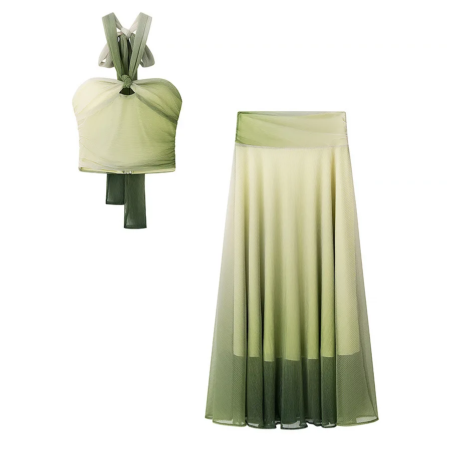 

2piece High Waist Elegant Midi Skirt Women Casual Loose Pleated A-line Long Skirts Summer Fashion Gradient Printed Skirt Outfit