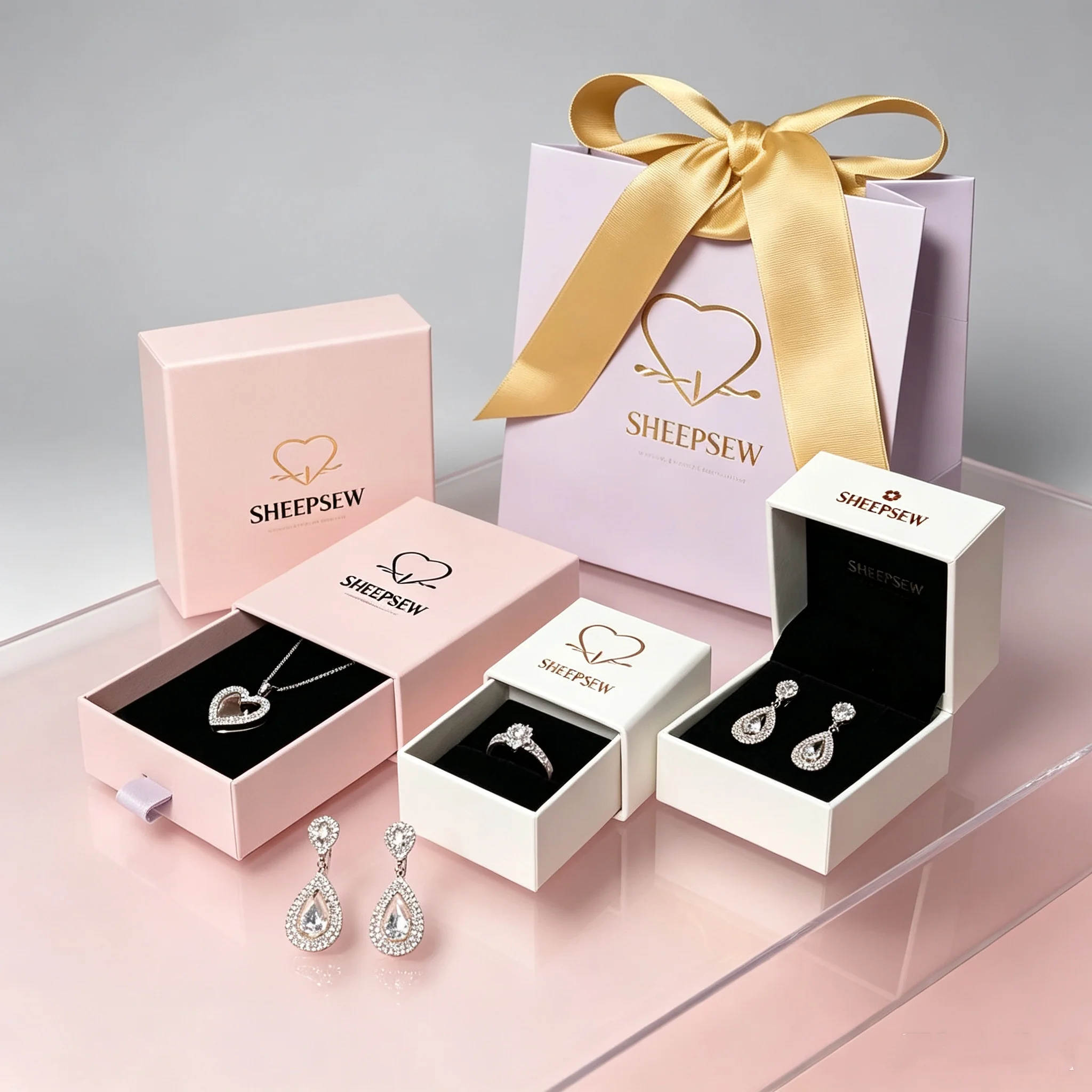 50pcs Sheepsew Custom Logo Recyclable Jewelry Necklaces Rigid Paper Drawer Boxes Luxury Jewelry Rings Packaging Gift Box