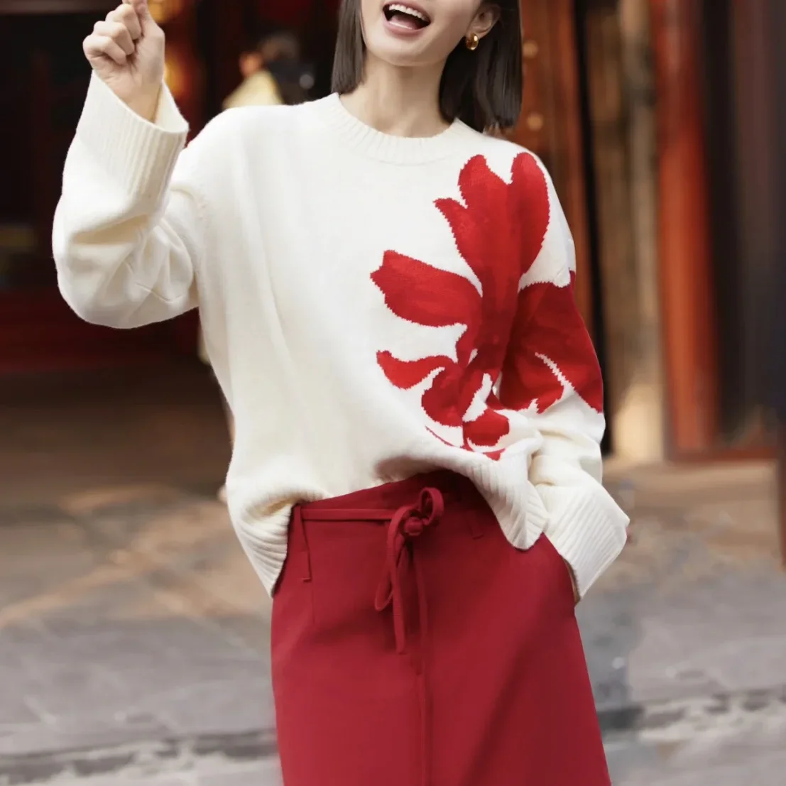 Red color blocking casual ED series wool blend pullover sweater sweater for girlfriends  women  LOOSE  jumper  tops