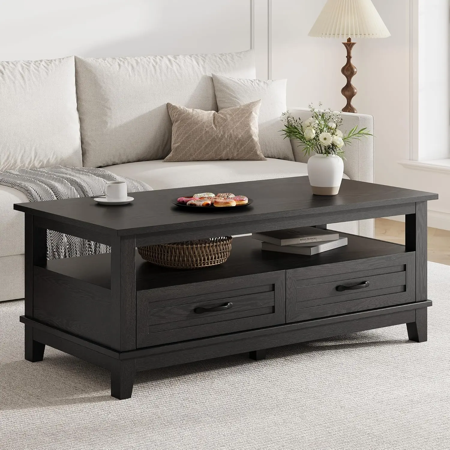 

Farmhouse Coffee Table with Drawers, 47.2 in Rustic Black Living Room Table with Open Shelf and 6 Support Legs'