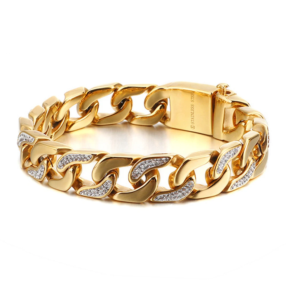 

14 мм тяжелый панк золотого цвета из нержавеющей стали бордюр кубинский браслет-цепочка для мужчин и женщин хип-хоп рок CZ циркон велосипед байкерский браслет ювелирные изделия