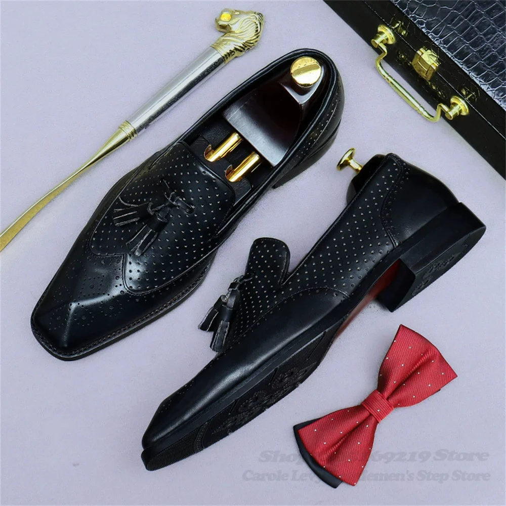 Men's Retro Genuine Leather Business Hollowed-Out Tassels Casual Shoes Square Toe Slip On Handmade Luxury Dress Single Shoes
