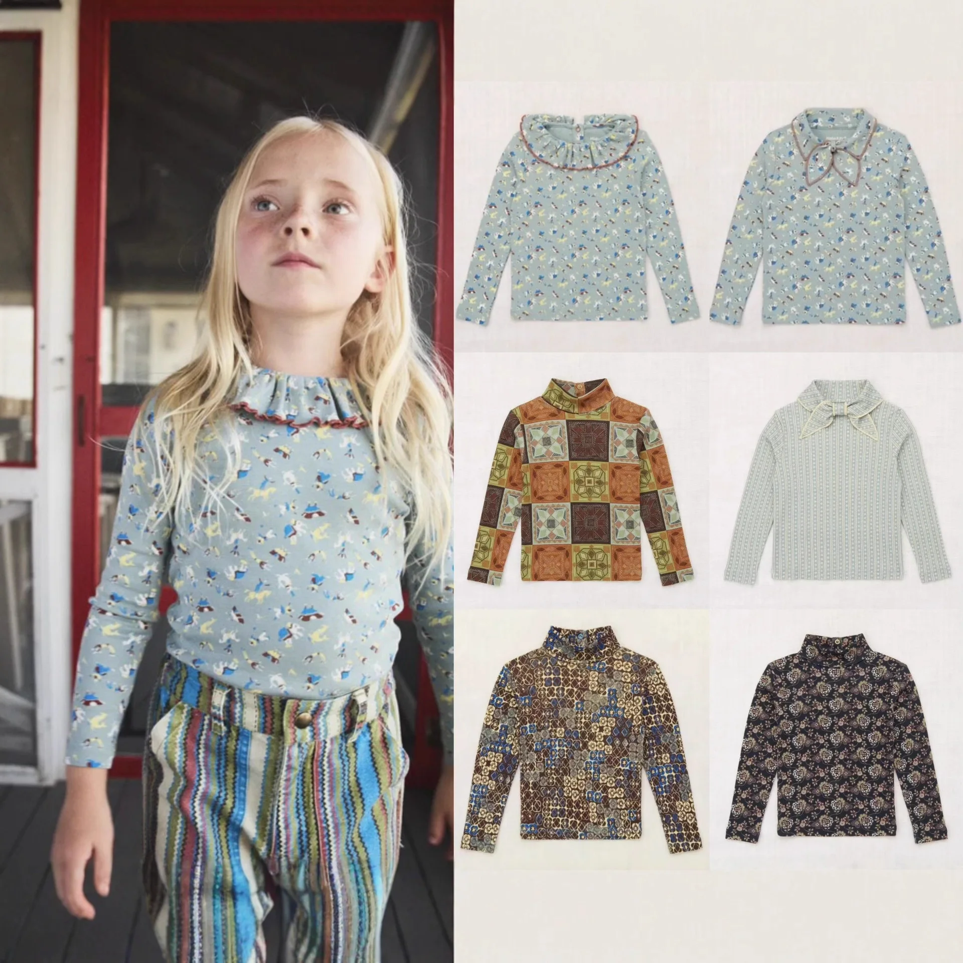 

Girls' Long Sleeve T-shirt 2025 Winter New Printed Fashion High Collar Children's Bottom Shirt Pure Cotton Warm Tight Underwear