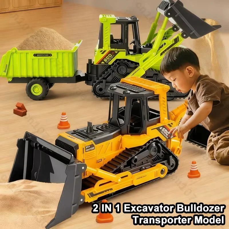 

2 IN 1 Excavator Bulldozer Transporter Crane Truck Model Diecast Toys for Boys Alloy Tractor Kids Engineering Vehicle Xmas Gift