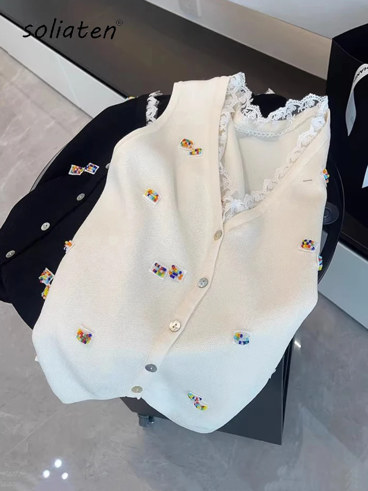 

Hand Beading Lace V-neck Sleeveless Shirt For Women 2025 Summer Single Breasted Retro Button Knitting Cardigan Tops B-005