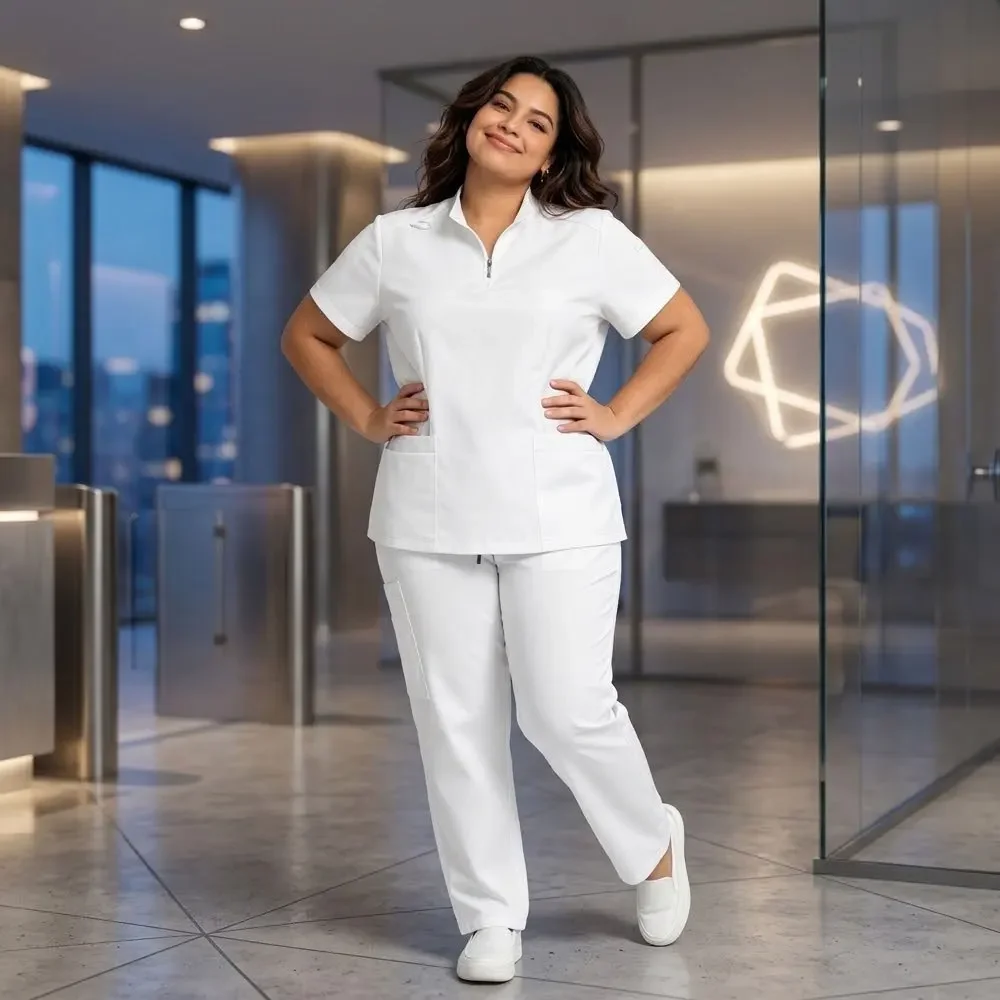 Enjelwang Women Frosted Scrub Set V‑Neck Top & Pants for Nurses Beauticians Daily Work Uniform