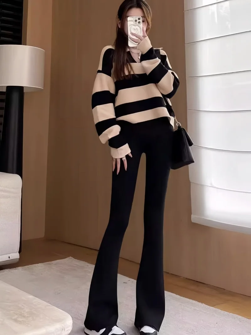 กางเกงแฟลร์ผู้หญิงทรงสลิมเอวสูงสีพื้นเซ็กซี่ทรงขาบานแฟชั่นลำลองสไตล์สตรีทแวร์ผ้ายืดกระชับสะโพก