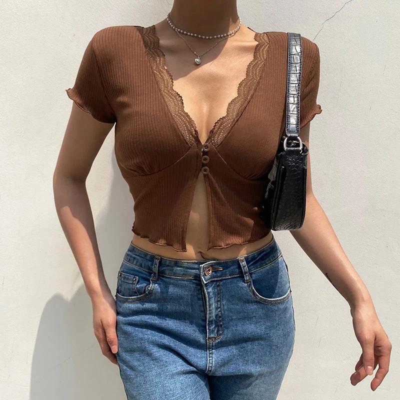 Y2K Lace Patchwork Women T Shirt Korean Sexy Streetwear V-neck Crop Tops Female Summer Casual Short Sleeve Chic Tees New