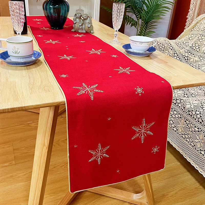 

‌Red Christmas Table Runner‌ 35x170cm Polyester Fabric with Gold Embroidered Snowflake Festive Holiday Decor Dustproof Durable