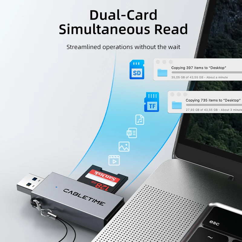 CABLETIME USB 3.0 Card Reader 2 IN 1 USB C And USB 3.0 To Micro SD Card Reader 104MB/s For Android IPad MacBook Pro C507