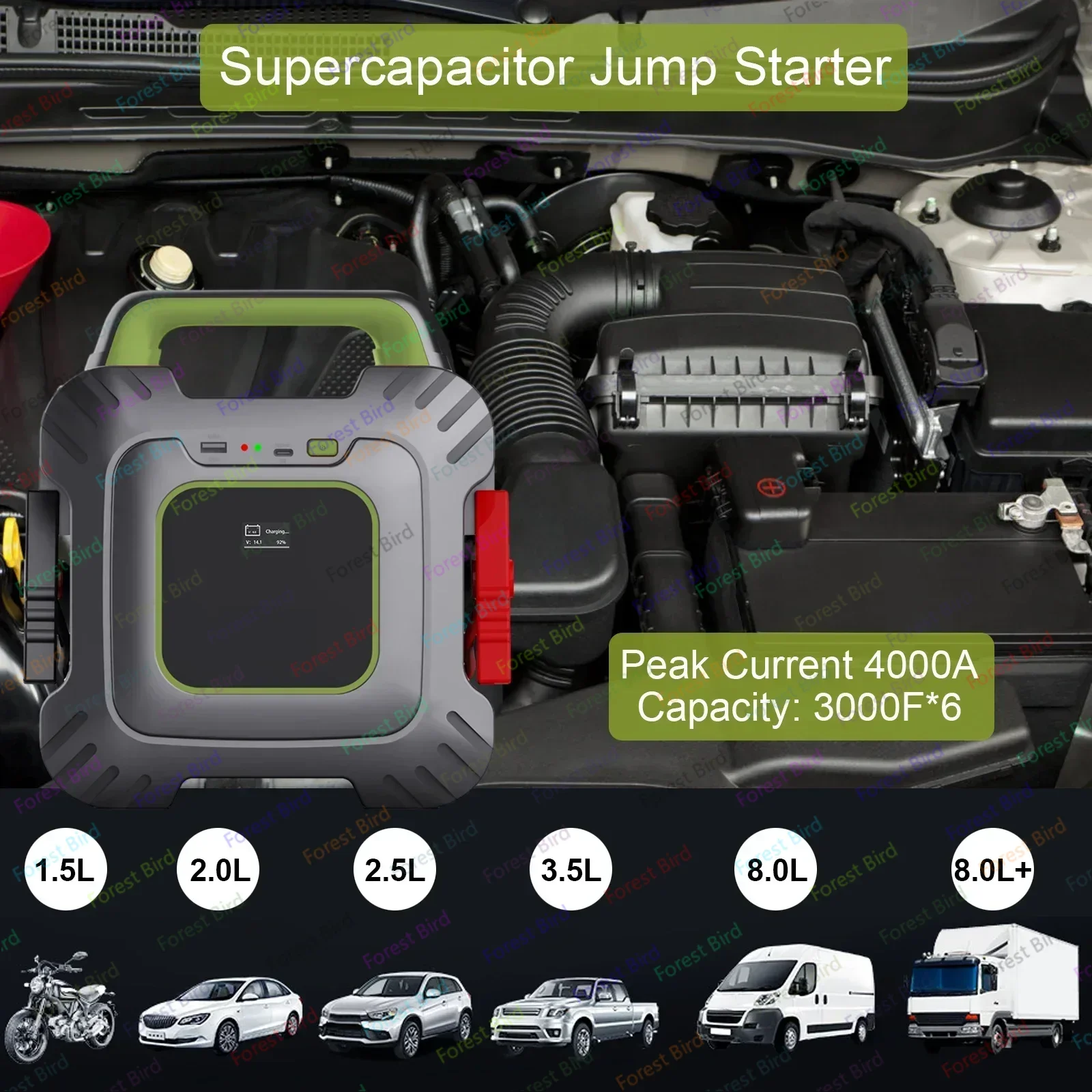 Arrancador de batería de coche, supercondensador de arranque de emergencia, fuente de alimentación, herramienta de reparación de emergencia, 12V, 18000F, 4000A/3000F, 1500A