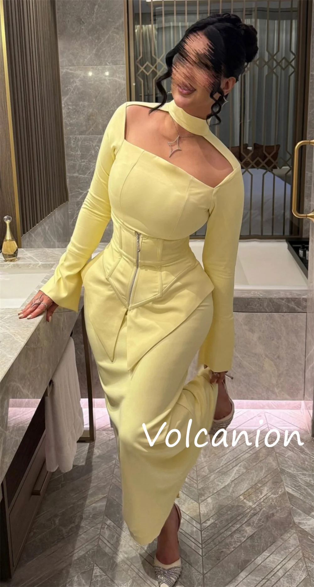 تخصيص النمط الصيني جيرسي الطية مستقيم الياقة العالية فساتين متوسطة الطول مناسبة مخصصة رعوية رائعة