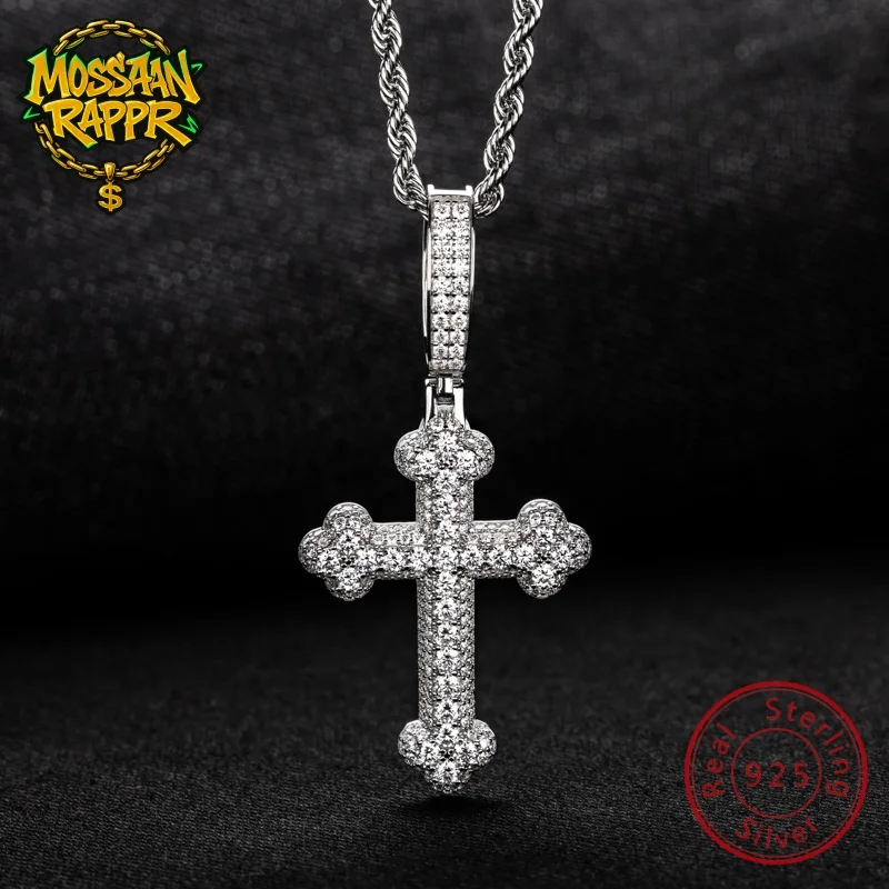 

MossanRappr 4.6cttw Moissanite Iced out Cross Pendant for Men Hip Hop Necklace 925 Sterling Silver Bling Fashion Party Jewelry