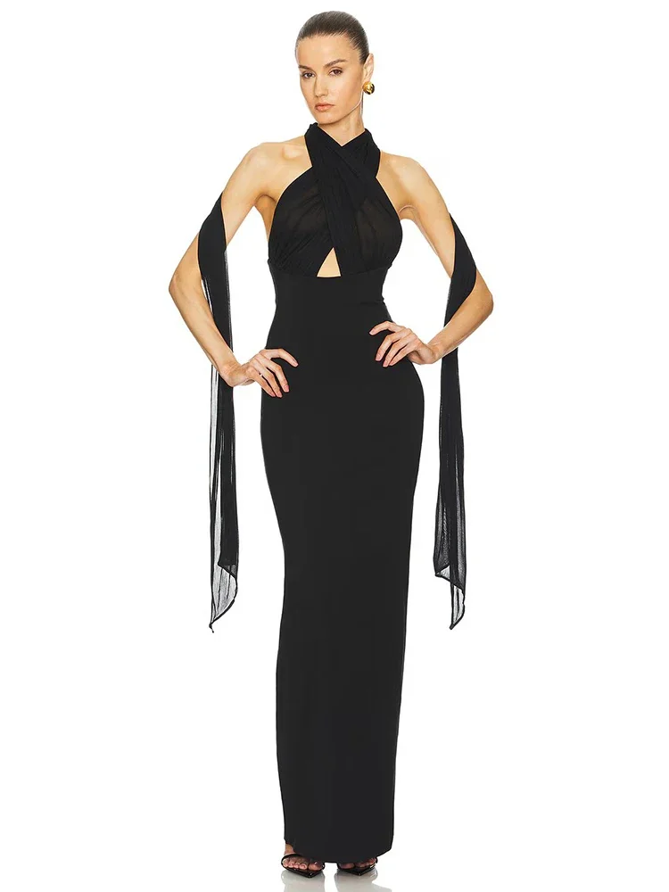 

JOJO Sexy Halter Backless Mesh Patchwork Long Dress Women Black White Sleeveless Bodycon Evening Party Runway Gown