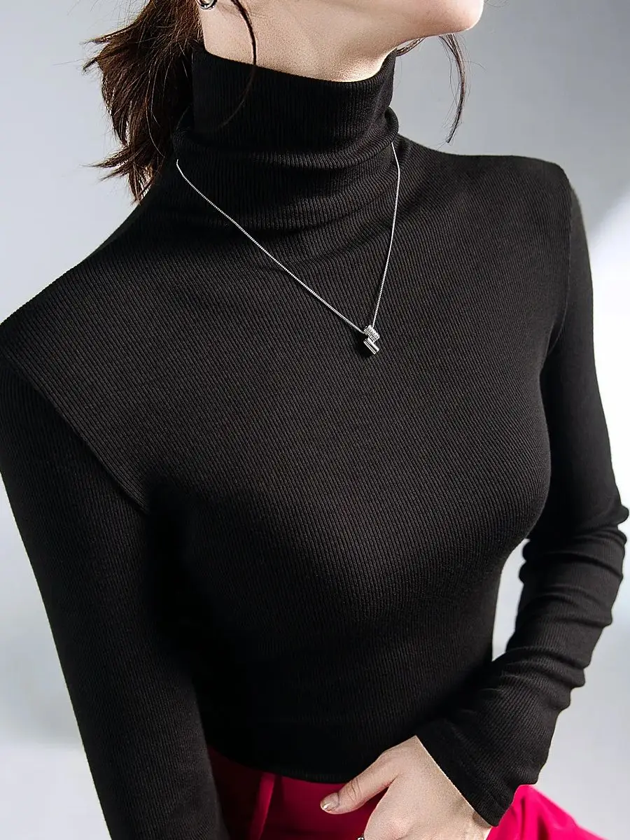 Women Turtleneck Slim Soft Long Sleeve T Shirts Lady Elegant Stretchy Solid Base Undershirts Tees Female Basic T-Shirt Top