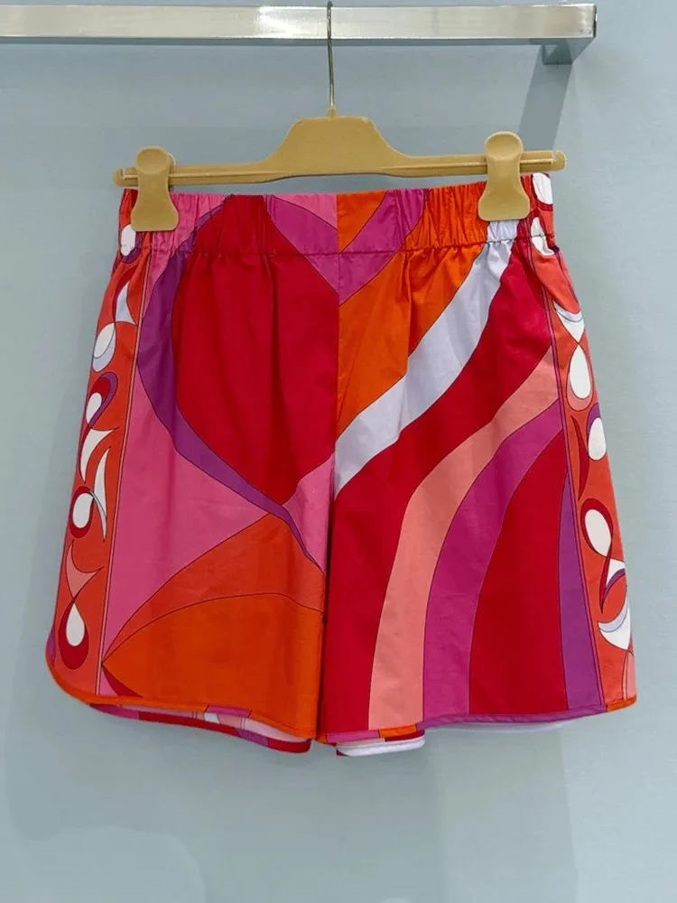 Summer Fashion Outdoors Casual Vintage Print Cotton Shorts Women's Daily Elastic Waist Slim Straight Barrel Pants
