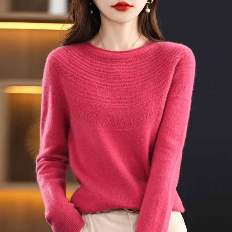 Fall/winter 100% wool single-thread ready-to-wear hollow women\'s pullover curled O-neck cashmere sweater knitted solid color