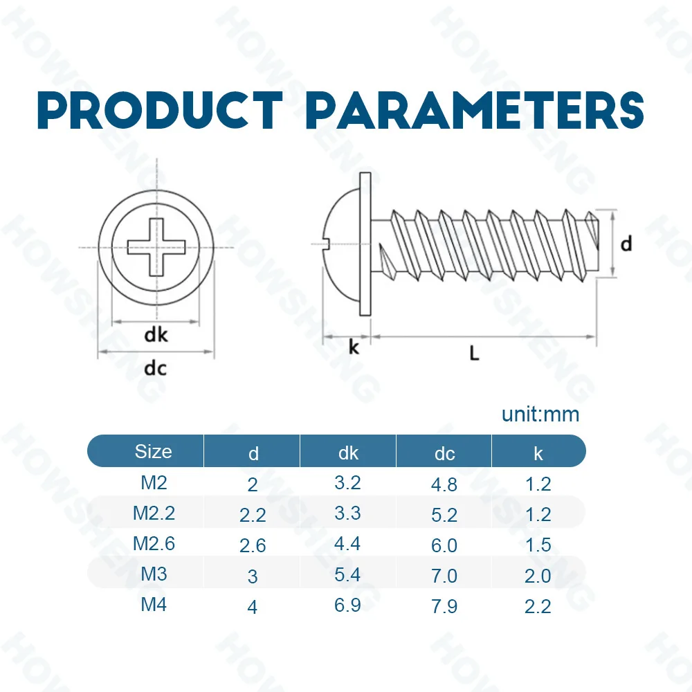 HOWSHENG PWB Screws Phillips Pan Round Head with Washer Self-tapping Screw M2 M3 M4 M1.4 Black Plated Cross Tapping Screw